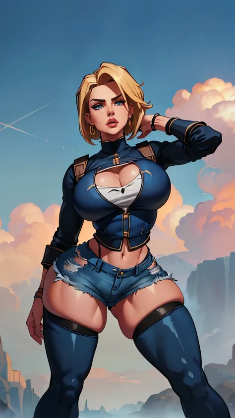 unparalleled masterpiece, ultra realistic 8k CG, perfect artwork, (1girl:1.1) , solo, ((perfect female figure)), (nsfw), looking at viewer, mature female, bimbo (android 18) standing, (teasing), best quality:1.1 , seductive posture, sexy pose, alluring, (b...