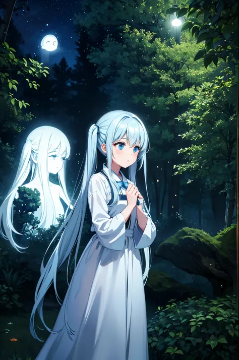 In the forest at night with ghosts　A ghost is flying on a moonlit night　light blue long hair　Beautiful girl with twin tails　friends with ghosts　