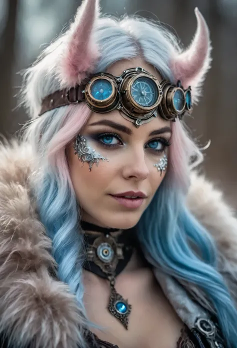 photo shot on Nikon D850, 16k, masterpiece, Detailed, breathtaking, atmospheric perspective, diffusion, natural skin texture, DSLR, 80mm Sigma f2, depth of field, film grain, intricate natural lighting,  full length photo of beautiful steampunk demon with ...