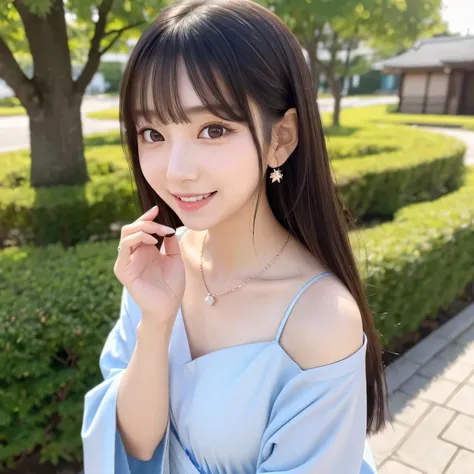 Clear beauty、Yoshitomo Nara, sakimichan, small nose, Chiho, with the right look, cute natural anime face, Japanese facial features, Clean and cute face, cute realistic portrait, asian face, 8K selfie photo, soft makeup,smile、beautiful teeth、necklace around...