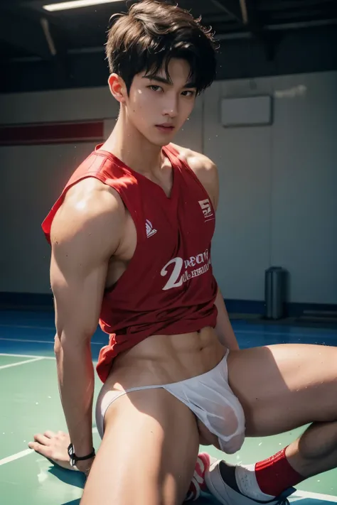 WEARING RED SOAKED BASKETBALL SHIRT, PULL OFF HIS SHIRT, SHOWING OFF HIS ABS, NO PANTS, CLOSED UP DETAILED, basketball player, playing basketball, wearing soaked basketball shirt, pull off shirt, ABS EXPOSED, Very wet body, very wet, basketball court court...