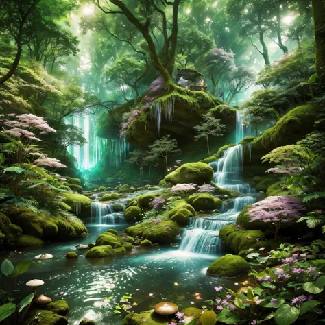 best quality,ultra-detailed,ethereal forest with waterfalls,elf archers and warriors,pixies,magical atmosphere,dappled sunlight,dreamy colors,mystical ambiance,ethereal beings,dancing lights,enchanted flora,whispering trees,lush greenery,sparkling river,fl...