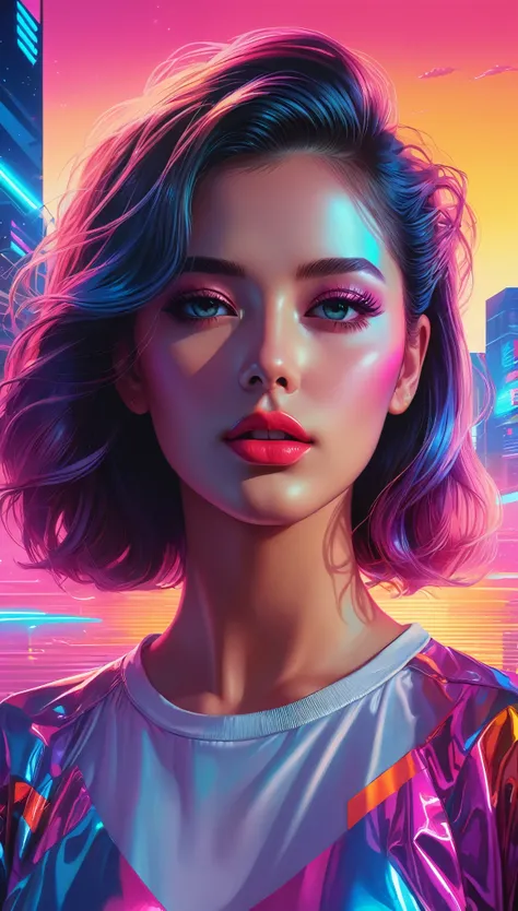 1girl, colorful theme, synthwave sky,(best quality, high quality, high resolution), realistic, ultra-detailed, highly detailed face features, absurdres,  realistic lighting and reflections, highly detailed face features, see through shirt, best photo,high ...