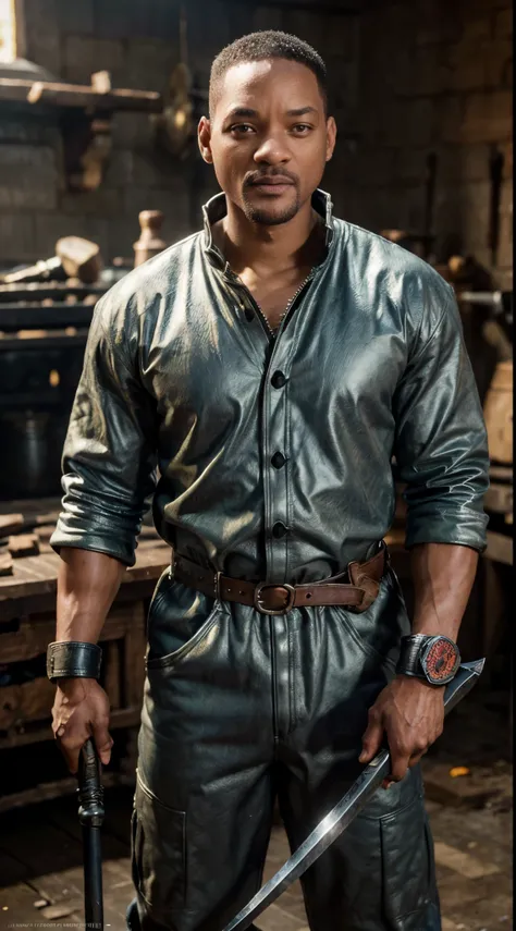 (Will Smith:1.0), forge, coveralls, hammer, anvil, forging a sword, (best quality, masterpiece, 4k, ultra detailed, sharp focus, 8k, high definition, insanely detailed, intricate:1.2), pretty face, nose, lips, beautiful eyes