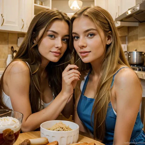 Albanian, girl, long brown hair, blue eyes, with blonde best friend, blonde Brunette, Kitchen table, Apron,  Blonde best friend, Chair, Affectionate eating, Intimate setting, Playful scenario