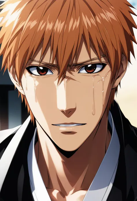 1ch1kur0, 1boy, kurosaki ichigo, solo, male focus, upper body, close-up, brown eyes, crying