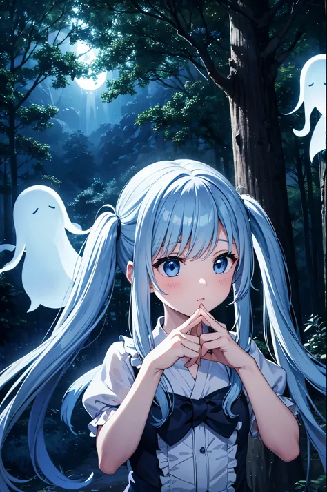 In the forest at night with ghosts　A ghost is flying on a moonlit night　light blue long hair　Beautiful girl with twin tails　There is a ghost behind the girl　friends with ghosts　white transparent ghost