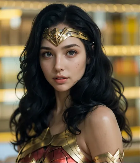 a woman in a wonder costume posing for a picture, face like gal gadot, film still of gal gadot, gal gadot as hell lord, gal gadot as wonder woman, photo of the beauty gal gadot, hybrid of gal gadot, wonder woman, portrait of wonder woman, gal gadot, dresse...