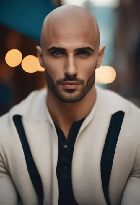 photography, male perfection, strong jawline, full lips, Roman nose, no hair bald, hazel eyes, hyper realistic, 8k --v 4, arab, bear