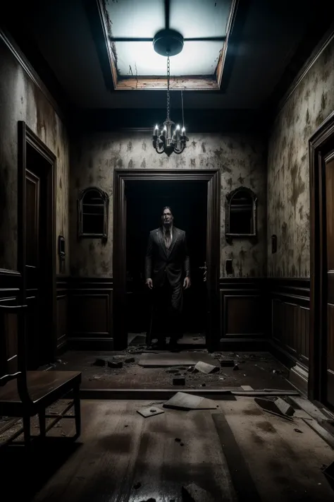 A chilling, cinematic image of a black-haired monster with a twisted, menacing face and long, flowing locks. In the background, the monster stands in a dimly lit, abandoned house, where the only source of light comes from a broken mirror with a blood-stain...