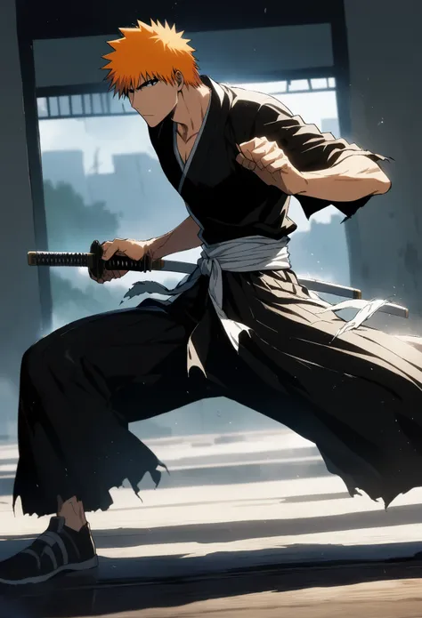 1ch1kur0, 1boy, kurosaki ichigo, solo, male focus, full body, from side, fighting stance, katana