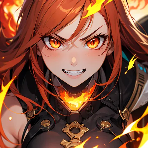 Masterpiece, best quality, Highly detailed, 1 girl, alone, female, long orange-red hair, red-orange eyes, Fierce eyes, smile with teeth, electricity user, electricity power, electricity effect,( Focus on the face), electricity, (close up)