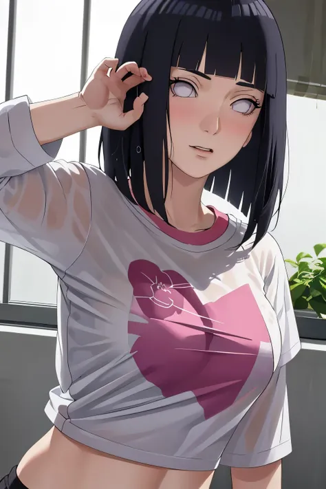 Meisterwerk, absurder, Hinata(Boruto), 1girl, Allein,reifes Weibchen, T-Shirt mit V-Ausschnitt, Minirock mit hoher Taille, Blick auf den Betrachter, (Falling petals), perfekte Komposition, detailliert lips, big breast, pretty face, Body proportion, blush, ...