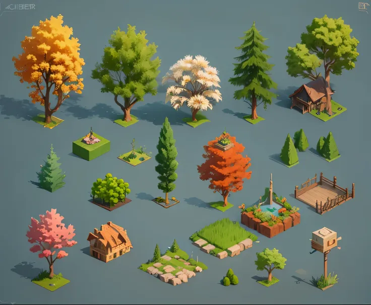 trees, corner top view, high detail, isometric video game scene, dark fantasy, cubic. isometric_parameter