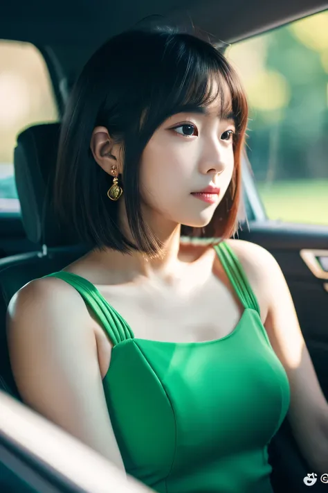 A busty woman with short hair and green clothes is driving a car, soft portrait shot 8k, with short hair, beautiful young korean woman, gorgeous young korean woman, beautiful soft lighting, beautiful korean woman, anime. soft lighting, Beautiful portrait i...