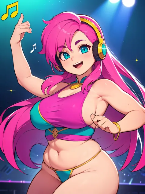 (best quality, highres, masterpiece:1.2), ultra-detailed, (realistic, photorealistic, photo-realistic:1.37), woman, mature, music notes, dancing, Joyful expression, Pink flowing hair, sparkling teal eyes, Music aura, instruments, headphones, Etheral, Stage...