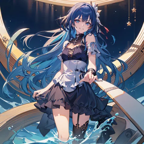 make the girl the main character, hoshino ai, beautiful girl, ((liquid blue hair)), ((blue hair)), summer brightness, exposed sh...