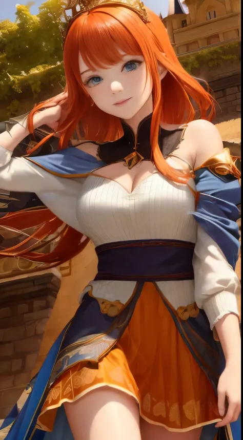 masterpiece, best quality, solo, 1girl with orange hair and blue eyes, :d, wearing an orange dress, stands before a vast expanse...