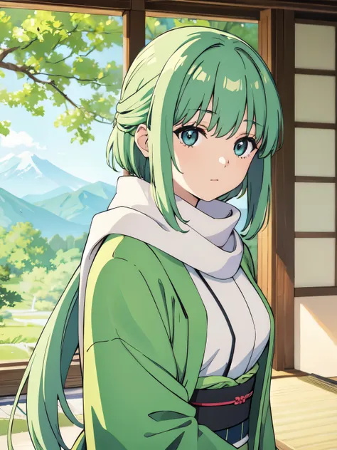 masterpiece, best quality, 1girl, short green pastel hair, kimono, long scarf, japanese clothes, neutral face, fern,