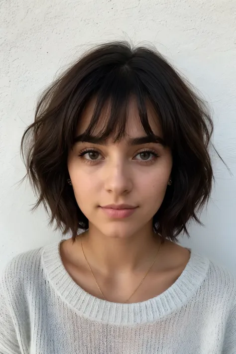 foto de instagram, 21 year old French woman., cabello corto, PELO NEGRO, primer retrato, sweater, escote, pale, sombras duras