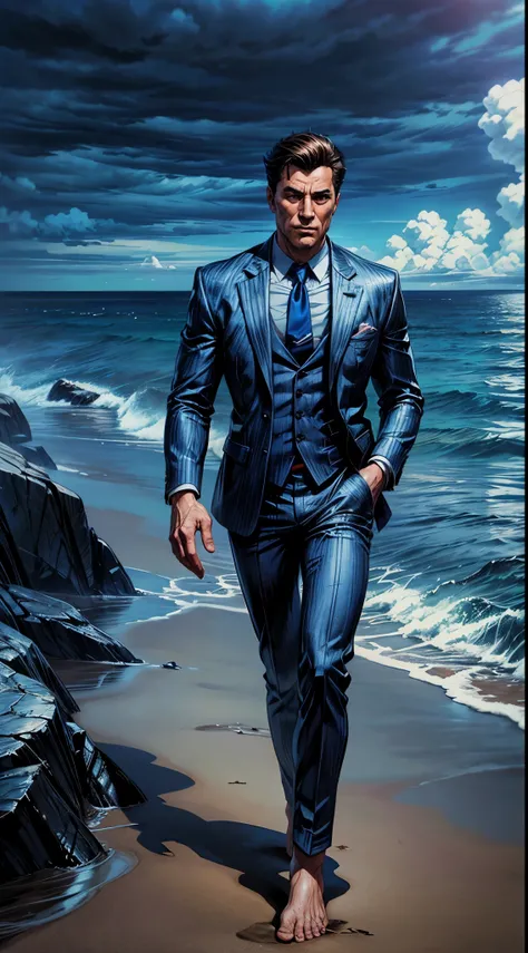 A man with one hand in your pocket in a blue suit and red tie is walking on the beach. He is barefoot and the sky is cloudy., 4k, unreal engine render, epic comic illustration 