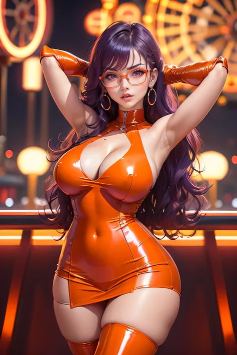 Chinese idol girl　mature woman　purple hair with bangs　wavy hair　Glasses　big breasts　big breasts　Push your chest together to create cleavage　Big eyes　((bright red plump lips))　((Ferris wheel at night))　　((Racing model style bodycon dress made of orange supe...