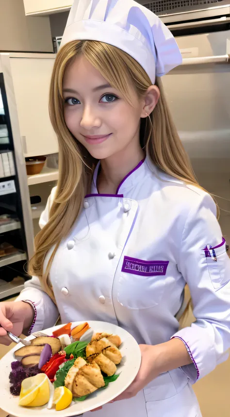 highres, masterpiece, nakiri erina, shokugeki no souma, blond, solo, 1girl, cute, detailed eyes, long hair, purple eyes, chef outfit, white jacket, white pants