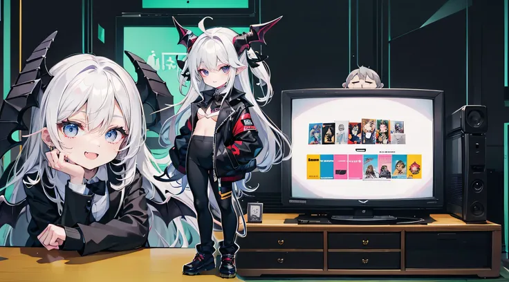 a cartoon character that is sitting on top of another cartoon character on a TV screen, black footwear, very long hair, pants, chibi, jacket, pantyhose, 1girl, black pants, black jacket, hair between eyes, breasts, shirt, :d, smile, horns, white shirt, win...