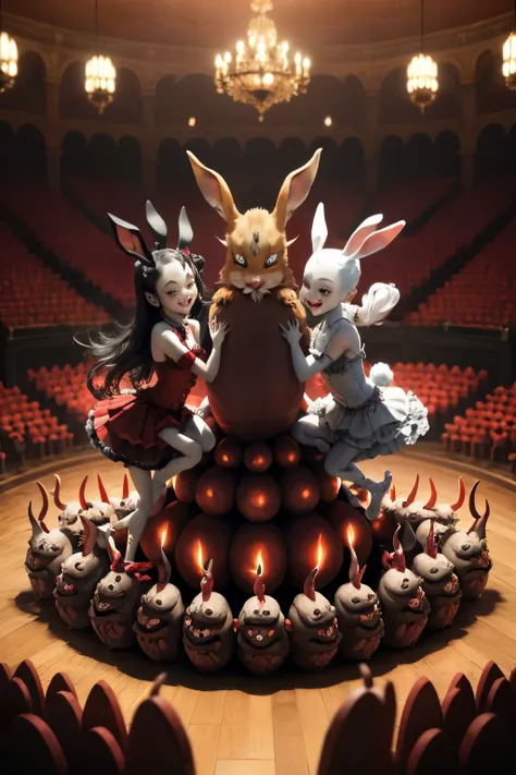 Masterpiece of a Thousand Devils! Best quality unfolds as an array of mischievous, red-eyed devils, each with horns and cloven hooves, frolic and revel in a whimsical, chaotic ballet. A bunnies hole serves as their playground, setting the stage for endless...