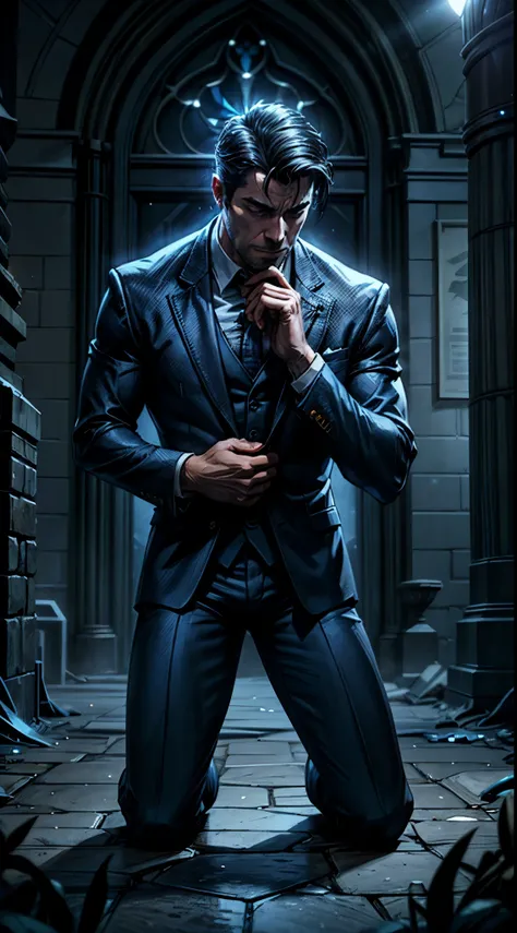 A man in a blue suit is kneeling beside on church the ground with his hands clasped together in front of his face. He appears to be in a darkened area with a spotlight shining on him.., 4k, unreal engine render, epic comic illustration 