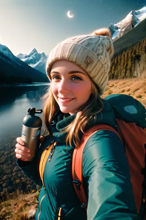 1 woman((upper body selfie, happy)), masterpiece, best quality, ultra-detailed, solo, outdoors, (night), mountains, nature, (stars, moon) cheerful, happy, backpack, sleeping bag, camping stove, water bottle, mountain boots, gloves, sweater, hat, flashlight...