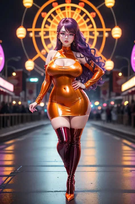 Chinese idol girl　mature woman　purple hair with bangs　wavy hair　Borderless glasses　big breasts　big breasts　Push your chest together to create cleavage　Big eyes　((bright red plump lips))　((Ferris wheel at night))　　((Orange metallic super shiny enamel racing...