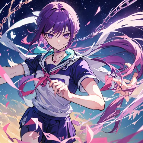 Garota de anime com cabelo curto, (purple football uniform and chain around his neck), protagonista feminina 👀 :8, Makoto, anime moe artstyle, Marin Kitagawa Fanart, Arte Oficial, Makoto Shinka, Arte digital de Danganronpa, (menina anime), Akane Owari Dang...