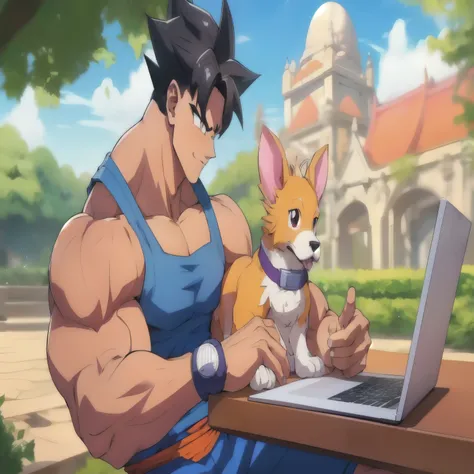 Dragon Ball Fighter is playing with a dog on a laptop, sww version, arte oficial, arte oficial, goro e kunkle, estilo de arte de dragon ball, Arte da sede, goku e fortnite, fundo de jogo para celular, arte oficial do personagem, humano goku, high detailed ...