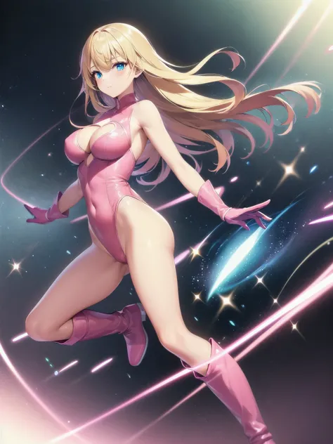 ((masterpiece)), ((best quality)), ((high res)), 1girl, solo, (leotard, pink leotard, solid pink leotard, perfect leotard, sleeveless), bare legs, (matching boots, knee boots, pink footwear), looking at the viewer, (perfect hands), perfect eyes, perfect le...