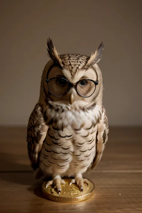 wise owl with glasses looking at bitcoin
