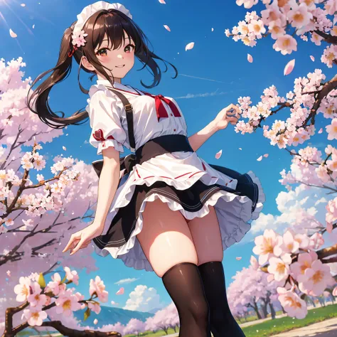 become familiar with, ultra-become familiar with, masterpiece, 8k wallpaper,(realistic:1.2),
1 girl, Thighhighs, black hair, alone, cup, standing in the garden, flower, long hair, dress:1.1, brown eyes, white legwear, apron, hair band,  青いdress:1.5, shoes,...