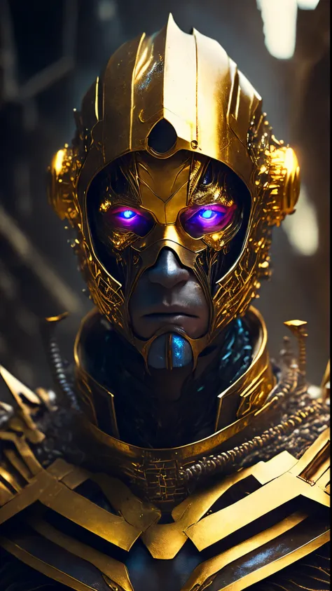 breathtaking cinematic science fiction photo of a portrait of a non human masked Grim wrapped in gold chrome metal skin, body full glowing metrics inside, glowing multicoloured eyes, multifaceted eyes, metallic arms, inside a destroyed building, extremely ...