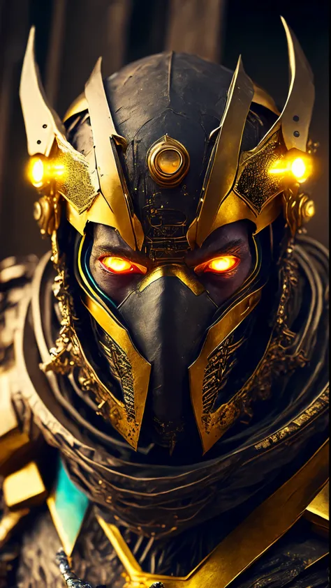 breathtaking cinematic science fiction photo of a portrait of a non human masked Grim wrapped in gold chrome metal skin, body full glowing metrics inside, glowing multicoloured eyes, multifaceted eyes, metallic arms, inside a destroyed building, extremely ...