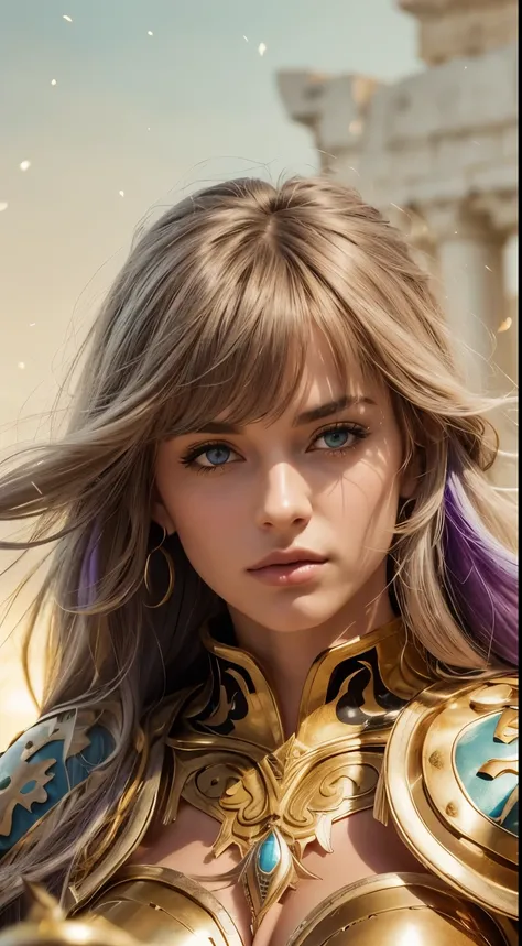 Masterpiece. Half-body portrait. She is the Taurus Knights of Zodiac warrior. A beautiful young woman (1 girl) about 20 years old. powerful look. Imposing appearance. ((Long light blue hair)), straight hair, ((messy)) hair, ((hair bangs)). (Bangs). hair bl...