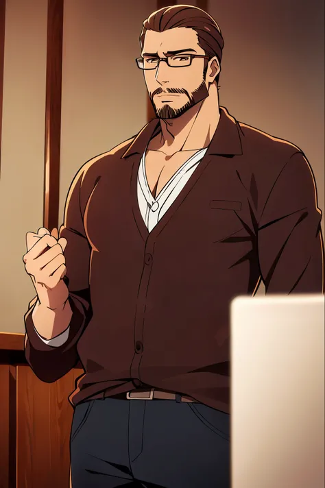 A male character with brown hair slicked back, glasses and beard