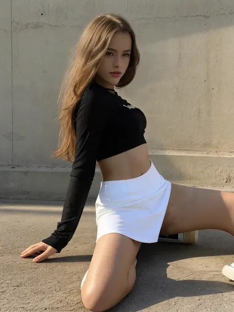 arafed woman laying on the ground with her skateboard, gorgeous 14 years young model, kristina pimenova, she is wearing streetwear, short skirt, beautiful model, kristinaP, wearing slim tight top, very pretty model, kristina pimenova, official versace edit...