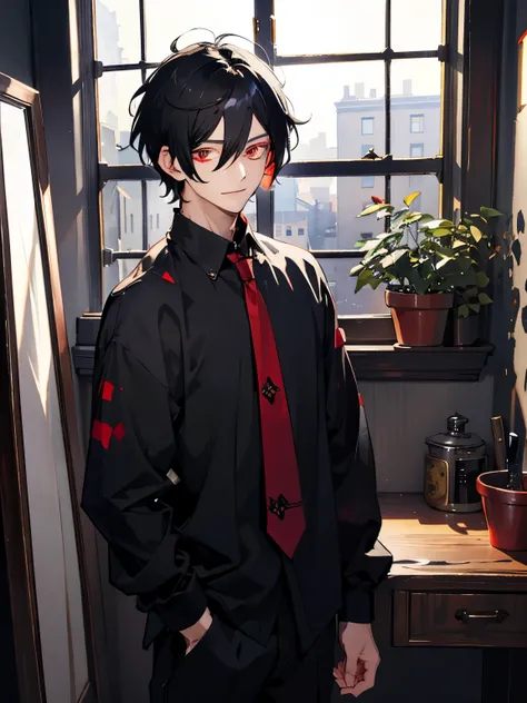 (Masterpiece), (best quality), very detailed, ((1 male)), solo, very detailed, Solo, male, short hair, black hair with white highlights on black hair, two-tone hair, white hair, sidelighting, red eyes, in front of the window, casual clothes, handsome, Yand...