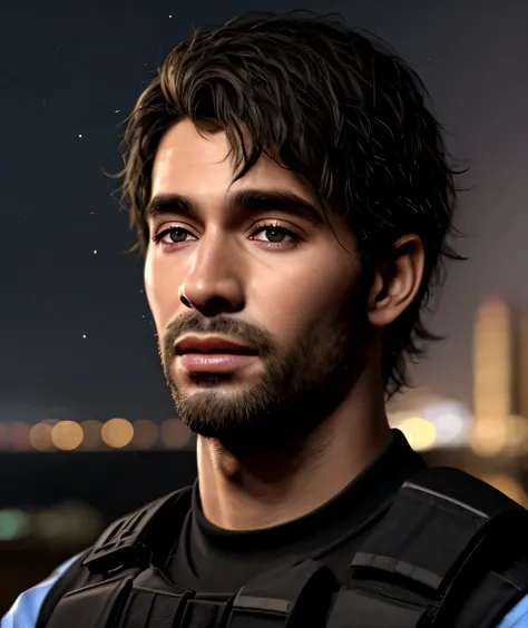 1 homem, obra de arte, 4K, ultra realistic, policial, fundo de noite da cidade, carlos oliveira, retrato, cabelo preto desgrenhado 