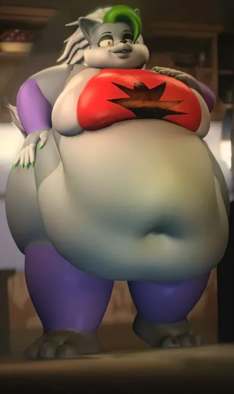 Un primer plano de un personaje de fnaf, lobo roxana, incredibly inflated hips, ella tiene un vientre redondo, gordo y ondulado, primer plano del cuerpo inferior, lobita gorda, Renderizado en SFM, primer plano, Big Stomach