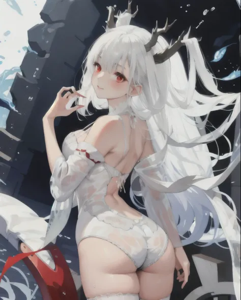 Highest quality, masterpiece, Back to viewer, Buttocks, Lace lingerie, White hair, White stockings, Look back, Blush, Super detail, Wet Body,with , shimanto, horns from head, red eyes 