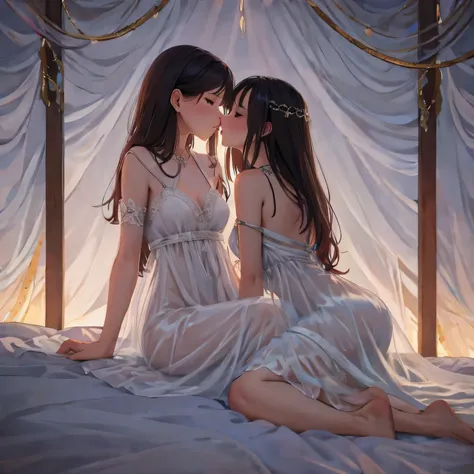 two girl kissing,,(bright lighting,romantic setting),dreamy background,,dark hair, mesmerizing gaze, , soft skin, alluring beauty, artistic portrait, high-quality image, vibrant colors,translucent long silk gown, mosquito net, lying down, romantic bedroom,...