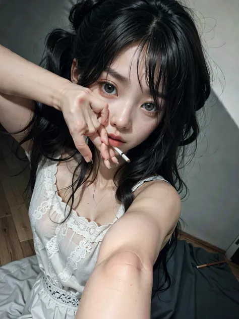 There is a woman lying down with a cigarette in her mouth, Ulzzang,  coreana, 18 anos de idade, look sexy at the camera, cruel korean goth girl, 1 8 are, 🤤 retrato de , posando na cama, muito linda gatinha fofa, garota jovem e fofa, ela tem um rosto fofo, ...