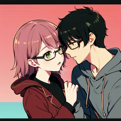 1 boy with black hair, red jacket and glasses romantically kissing a girl with pink hair and green eyes, ciudad de noche en el fondo, amor verdadero, mejillas sonrojadas, alta calidad 