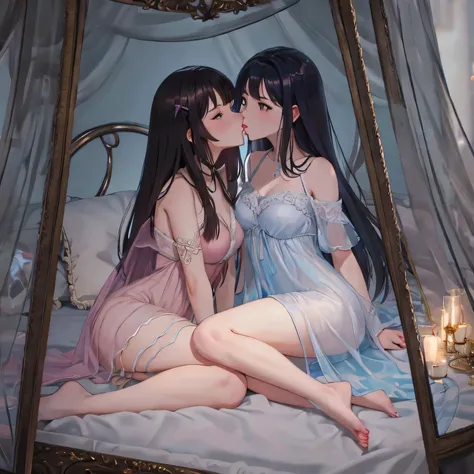 two girl kissing,,(bright lighting,romantic setting),dreamy background,,dark hair, mesmerizing gaze, , soft skin, alluring beauty, artistic portrait, high-quality image, vibrant colors,translucent long silk gown, mosquito net, lying down, romantic bedroom,...